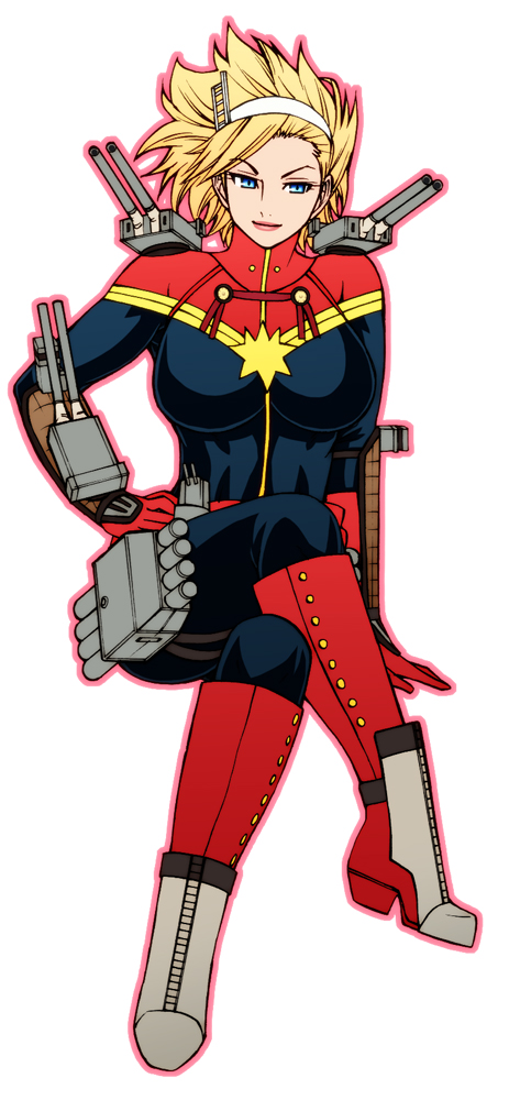 1girl animification ashigara_(kancolle) ashigara_(kancolle)_(cosplay) bodysuit breasts cannon captain_marvel carol_danvers chiba_toshirou cosplay crossed_legs female_focus full_body hairband hand_on_own_hip headgear kantai_collection large_breasts lips marvel ms._marvel_(series) ms_marvel outline parody solo superhero_costume