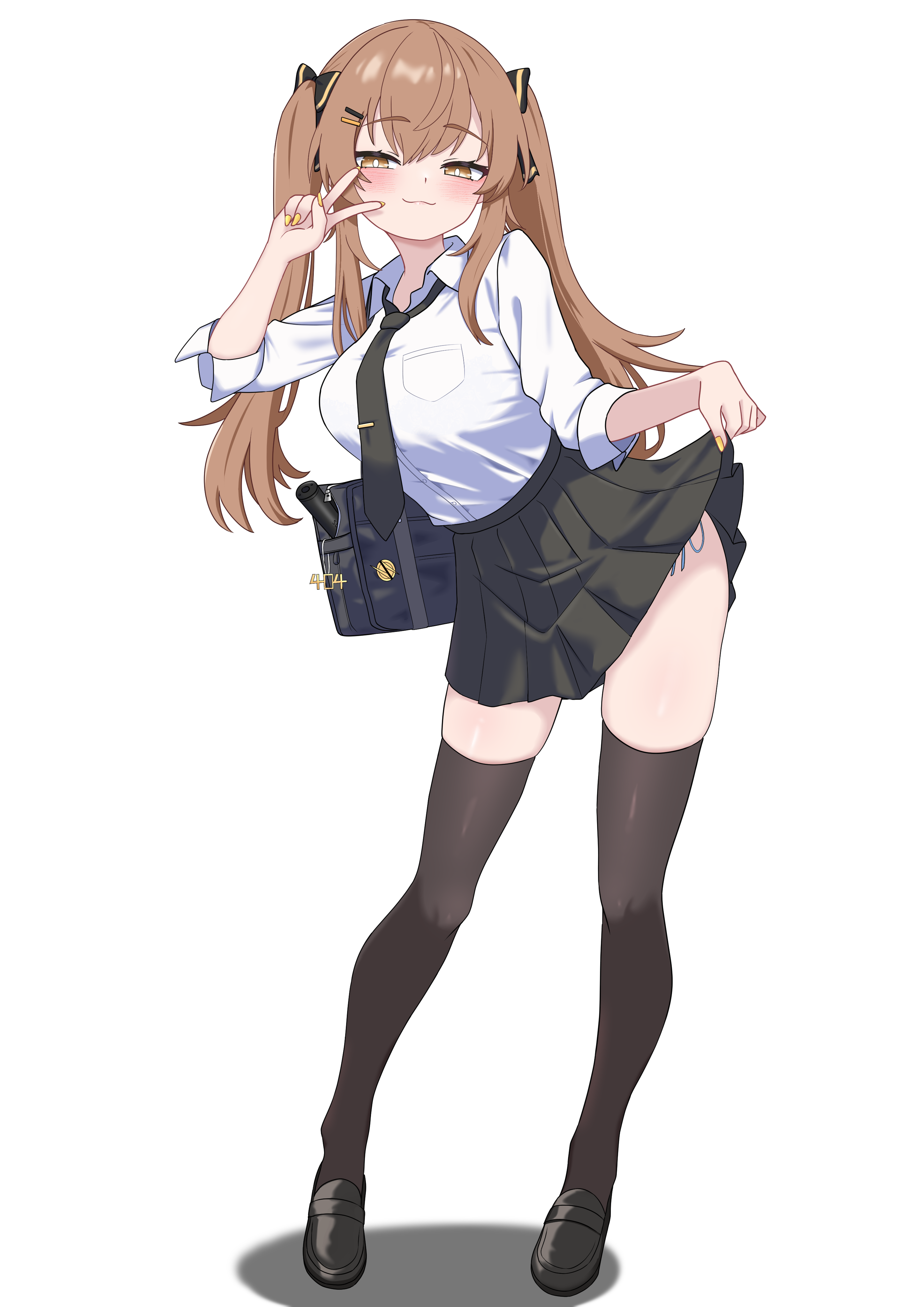 1girl 404_logo_(girls'_frontline) :3 absurdres bag bag_charm black_bag black_bow black_necktie black_shoes black_skirt black_thighhighs blush bow breast_pocket breasts bright_pupils brown_eyes brown_hair charm_(object) clothes_lift collared_shirt commentary_request contrapposto dress_shirt fingernails full_body girls'_frontline girls'_frontline_2:_exilium gyaru hair_bow hair_ornament hairclip hairpin half-closed_eyes hand_up highres kogal korean_commentary large_breasts legs lenna_(girls'_frontline_2) lifting_own_clothes long_hair long_sidelocks looking_at_viewer miniskirt multiple_hairpins nail_polish necktie oldsickkim parallel_hairclips partially_unzipped pleated_skirt pocket satchel school_bag school_uniform seductive_smile shadow shirt shirt_tucked_in shoes side-tie_peek sidelocks simple_background skindentation skirt skirt_lift smile solo standing suppressor taut_clothes taut_shirt tented_shirt thighhighs thighs three-quarter_sleeves tie_clip twintails ump9_(girls'_frontline) v white_background white_pupils white_shirt wing_collar yellow_nails zipper zipper_pull_tab