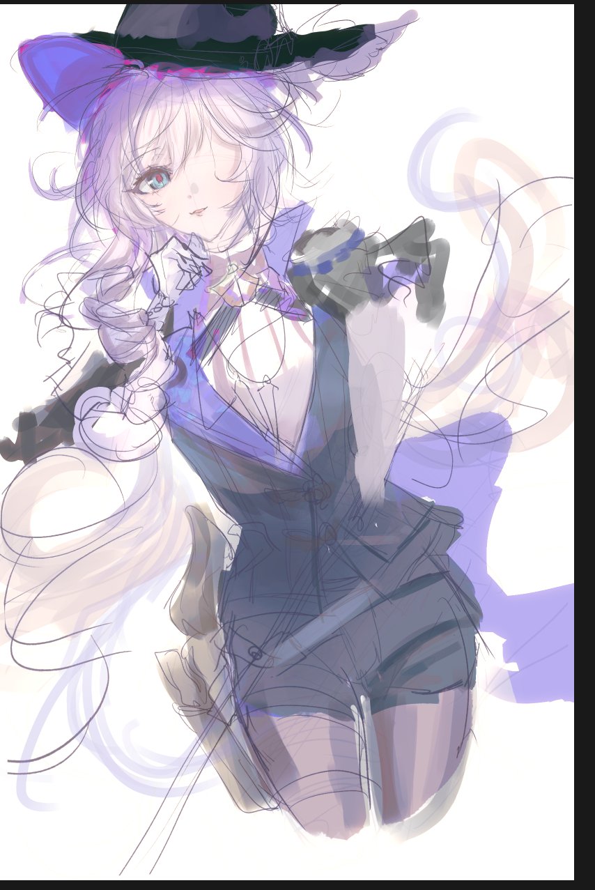1girl blue_eyes breasts cape detective_(silver_palace) female_focus hat hotpants long_hair looking_at_viewer narrow_waist purple_hair red_pupils rough_sketch silver_palace sketch smile solo solo_focus thick_thighs thighhighs thighs white_background