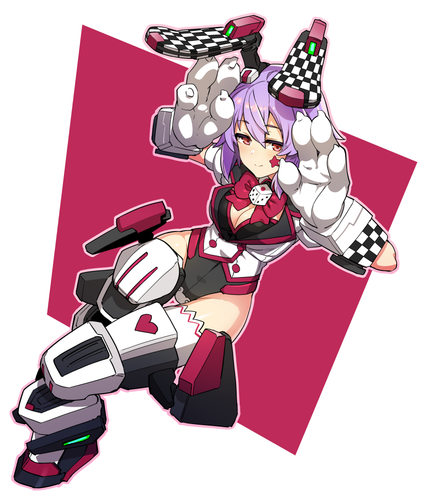 animal_ears bike_shorts bow bowtie breasts cleavage cosmic_break dice facial_tattoo heart mecha_musume medium_breasts naughty_face panties_under_bike_shorts purple_hair rabbit_ears red_bow red_bowtie red_eyes renny_lop robot_ears short_hair smile tattoo thighs tsukinami_kousuke