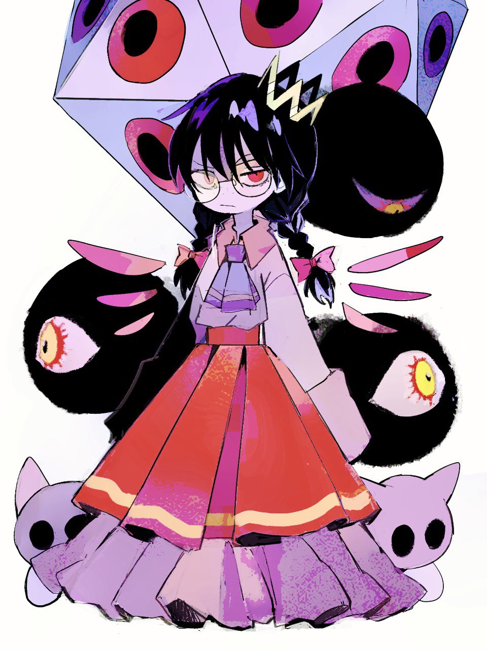 1girl bad_id bad_twitter_id black_hair braid closed_mouth crown dark_matter_(kirby) dress frilled_dress frills glasses hair_ribbon highres kirby_(series) kirby_64 long_dress long_hair long_sleeves miracle_matter n-z nintendo red_eyes ribbon ripple_star_queen round_eyewear simple_background soumenhiyamugi tilted_headwear twin_braids white_background wings
