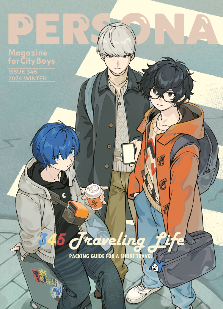 2024 3boys amamiya_ren bag black_eyes black_hair blue_eyes blue_hair buttons coat collared_shirt copyright_name cover crosswalk drink english_text eyelashes fake_magazine_cover favilia from_above glasses grey_eyes grey_hair hair_between_eyes holding holding_bag holding_drink holding_phone hood hooded_jacket jack_frost_(megami_tensei) jacket long_coat long_sleeves looking_at_viewer magazine_cover male_focus multiple_boys narukami_yu on_suitcase open_clothes open_coat pants persona persona_3 persona_4 persona_5 perspective phone shirt short_hair sitting smile standing sweater turtleneck winter_clothes yuuki_makoto_(persona_3)