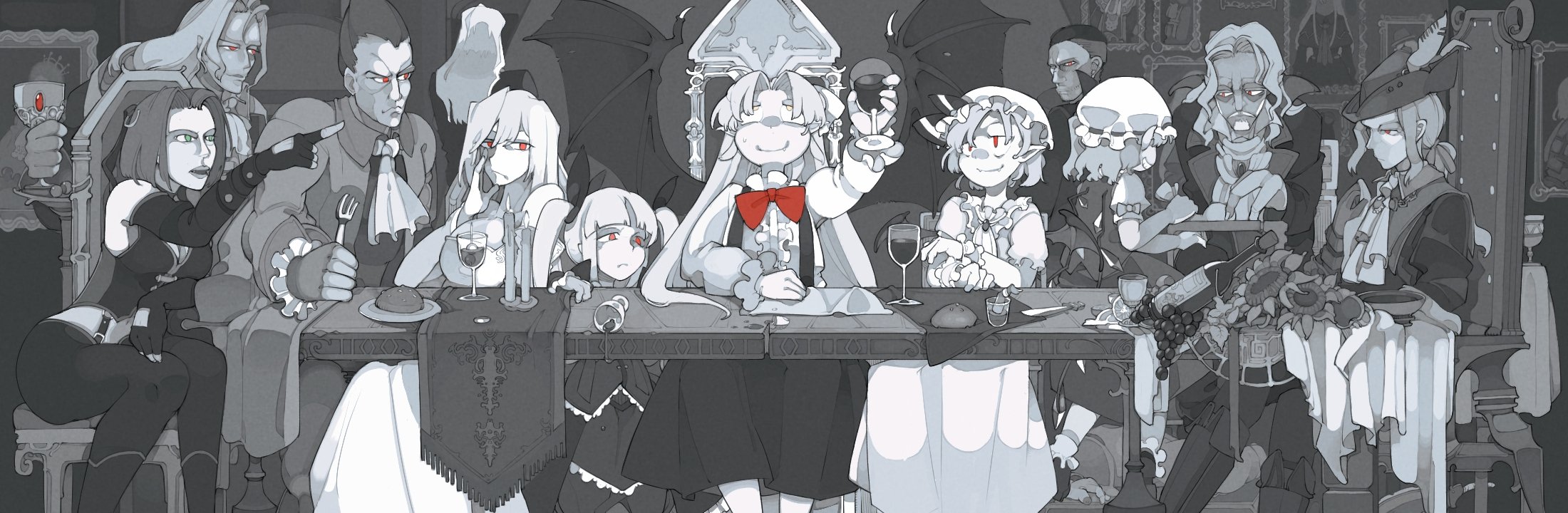 5girls 6+boys alcohol alucard_(castlevania) ankle_socks arcueid_brunestud arm_on_table arm_warmers ascot bare_shoulders bat_wings beard blazblue bloodborne bloodrayne bloodrayne_(videogame) blue_sky blunt_bangs bolos boots bow bowtie breasts candle castlevania_(series) center_frills center_opening chair chalice character_request cleavage closed_mouth collared_shirt commentary copyright_request crystal_wings cup dark-skinned_male dark_skin darkstalkers demitri_maximoff demon_wings detached_sleeves dining_room dracula_(castlevania) dress drink drinking_glass english_commentary facial_hair fangs fangs_out feet_out_of_frame fingerless_gloves fire flandre_scarlet flower food fork formal_clothes frilled_shirt frilled_shirt_collar frilled_skirt frilled_sleeves frilled_socks frills fringe_trim from_behind full_body gloves greyscale grin hair_between_eyes hair_bow hair_spread_out hand_on_table hat hat_feather hat_ribbon high_collar highres holding holding_drink holding_fork indoors knee_boots kurumi_(touhou) lady_maria_of_the_astral_clocktower large_breasts leggings long_dress long_hair long_skirt long_sleeves looking_at_another meat medium_skirt midriff mob_cap monochrome multiple_boys multiple_girls mustache napkin old old_man on_chair orange_eyes parted_bangs plate pleated_skirt pointing pointy_ears puffy_short_sleeves puffy_sleeves rachel_alucard red_bow red_bowtie red_eyes remilia_scarlet ribbon ribbon-trimmed_headwear ribbon_trim shirt shoes short_hair short_sleeves siblings side_ponytail sideburns sisters sitting skirt skirt_set sky sleeve_bow sleeveless sleeveless_shirt smile socks species_connection spill spot_color spread_wings sunflower suspender_skirt suspenders touhou touhou_(pc-98) tsukihime twintails vampire very_long_hair wine wine_glass wings