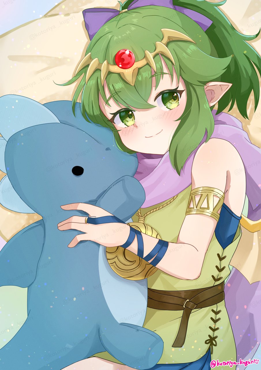 1girl armlet bow closed_mouth dress fire_emblem fire_emblem:_mystery_of_the_emblem fire_emblem_heroes green_eyes green_hair hair_between_eyes hair_bow highres holding holding_toy jewelry kotoriya_kuguri looking_at_viewer nintendo official_alternate_costume pointy_ears ponytail purple_bow short_hair sleeveless sleeveless_dress smile solo stuffed_animal stuffed_dragon stuffed_toy tiara tiki_(fire_emblem) tiki_(young)_(dragon&#039;s_progeny)_(fire_emblem) tiki_(young)_(fire_emblem) toy