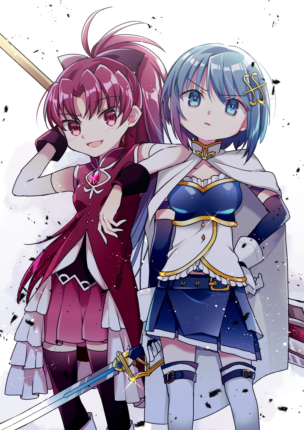2girls ayumaru_(art_of_life) bare_shoulders black_thighhighs blue_eyes blue_hair bow cape commentary cowboy_shot detached_sleeves furrowed_brow gloves hair_bow hand_on_own_hip hand_up highres holding holding_sword holding_weapon long_hair looking_at_viewer magical_girl mahou_shoujo_madoka_magica mahou_shoujo_madoka_magica_(anime) miki_sayaka miki_sayaka_(magical_girl) multiple_girls open_mouth ponytail red_eyes red_hair red_skirt sakura_kyoko sakura_kyoko_(magical_girl) short_hair skirt smile sparkle standing sword thighhighs weapon white_cape white_gloves
