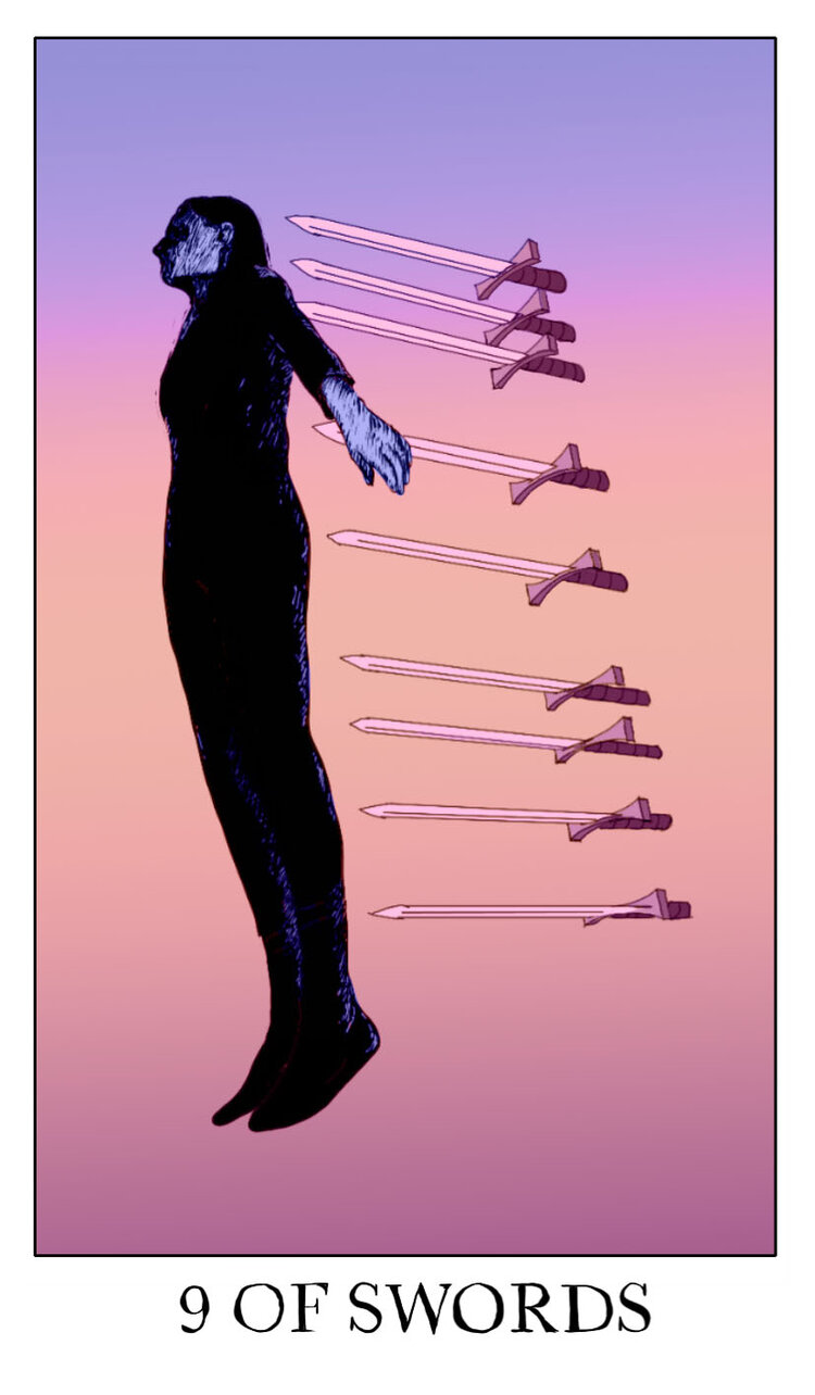 1girl analogous_colors black_hair black_pants black_shirt border card_(medium) english_text floating full_body gradient_background highres jessica_hayworth minor_arcana_(tarot) orange_background original pants pink_background purple_background shaded_face shirt solo surreal sword tarot tarot_(medium) weapon white_border
