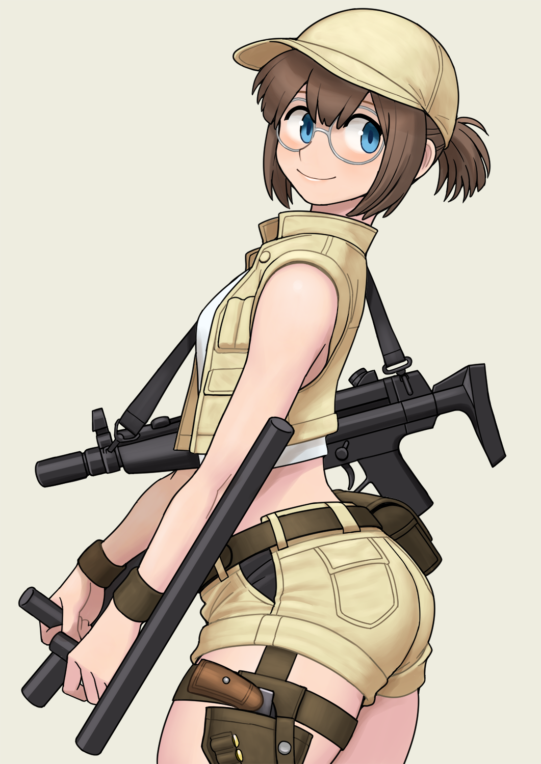 1girl ass baseball_cap baton_(weapon) belt blue_eyes breasts brown_hair cowboy_shot crop_top cropped_vest dual_wielding fanny_pack female_focus fio_germi from_side glasses gun h&amp;k_mp5 handgun hat highres holding holding_weapon holster holstered less-than-lethal_weapon looking_back looking_to_the_side metal_slug midriff nightstick pocket ponytail revolver round_eyewear shigenobu shirt short_hair short_shorts shorts shoulder_strap sidelocks simple_background small_breasts smile snk solo standing submachine_gun thigh_holster tonfa vest weapon white_shirt wristband