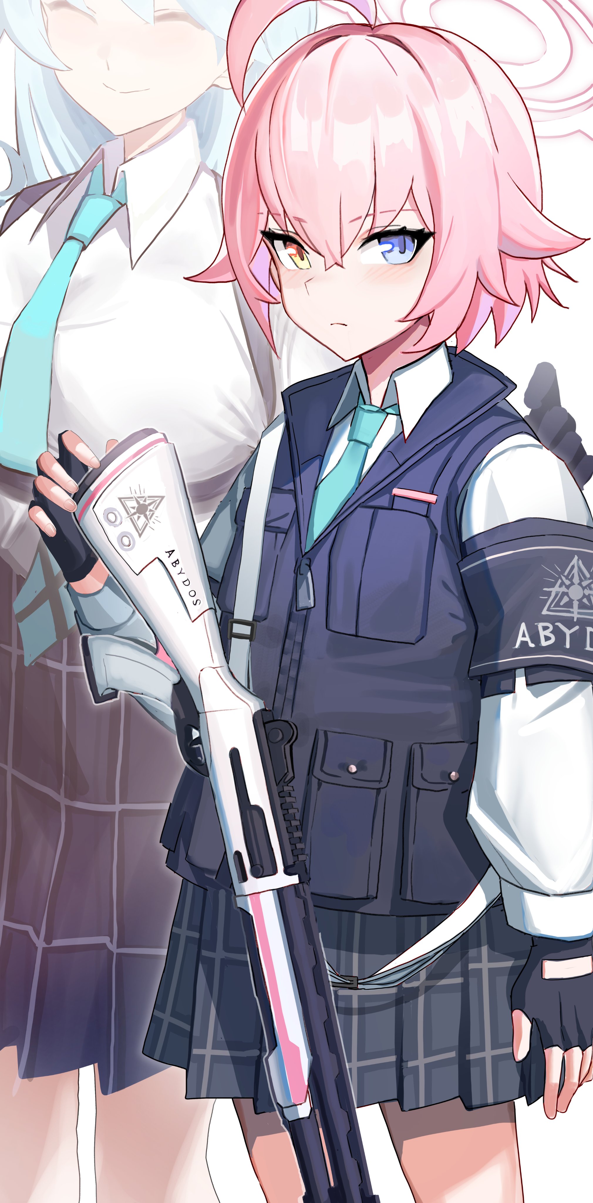 2girls ^_^ absurdres ahoge aqua_necktie armband black_gloves blue_archive blue_eyes breasts closed_eyes closed_mouth collared_shirt fingerless_gloves franz2543 gloves gun hair_between_eyes halo heterochromia highres holding holding_gun holding_weapon hoshino_(blue_archive) hoshino_(first_year)_(blue_archive) hoshino_(young)_(blue_archive) large_breasts long_sleeves looking_at_viewer multiple_girls necktie orange_eyes pink_hair plaid_clothes plaid_skirt pleated_skirt shirt short_hair shotgun simple_background skirt smile vest weapon white_background white_shirt yume_(blue_archive)