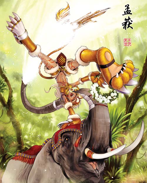 1girl animal_hands balancing bear_claws bodypaint closed_eyes elephant female_focus flower_wreath genderswap genderswap_(mtf) gloves long_hair meng_huo paw_gloves paw_shoes sangoku_musou_1 shin_sangoku_musou shiyue_tiangong shoes smile solo tail tusks water white_hair