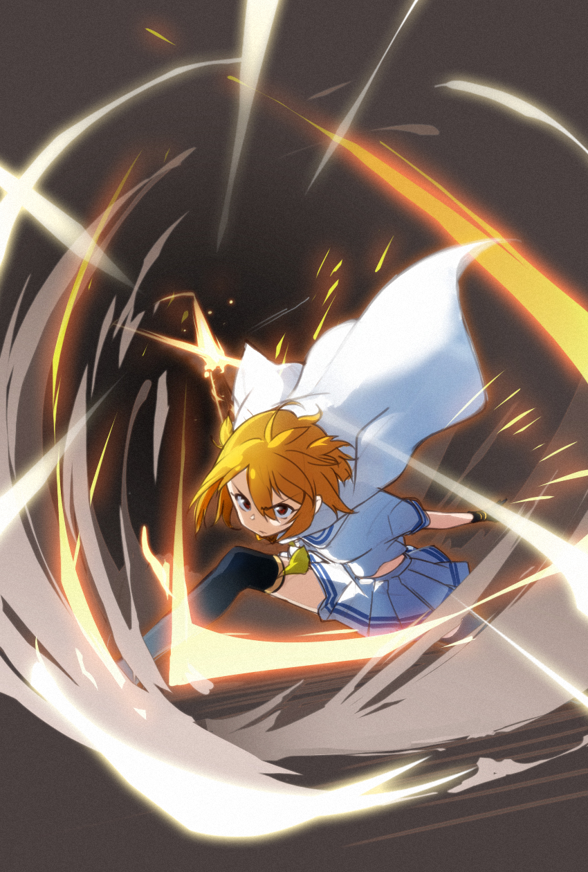 1girl black_gloves black_thighhighs blonde_hair breasts cape closed_mouth commentary_request fingerless_gloves gloves hair_between_eyes highres ibuki_tsubasa idol_heroes_(idolmaster) idolmaster idolmaster_million_live! kakaobataa looking_at_viewer mighty_sailor red_eyes sailor_collar sailor_shirt shirt short_hair short_sleeves skirt solo thighhighs white_cape white_shirt white_skirt
