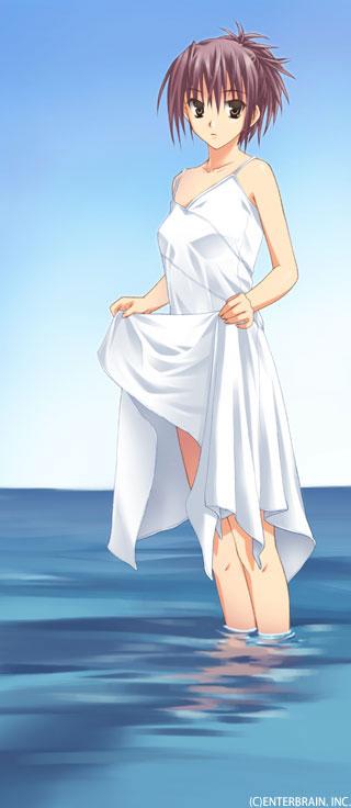 1girl clothes_lift day dress dress_lift ever_17 female_focus grey_eyes grey_hair komachi_tsugumi legs md5_mismatch official_art outdoors ponytail reflection short_hair skirt_hold sky solo standing sundress takigawa_yuu wading water watermark