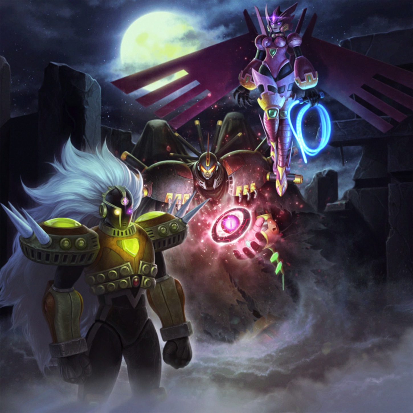 1girl 2boys android armor armored_boots armored_dress boots breasts capcom dress epsilon_(mega_man) ferham_(mega_man) gem gem_on_head glowing glowing_eyes glowing_weapon glowing_whip helmet highres holding long_hair mechanical_wings medium_breasts mega_man_(series) mega_man_x:_command_mission mega_man_x_(series) moon multiple_boys night night_sky non-web_source official_art rebelion_army_(megaman) scarface_(mega_man) sky spiked_boots spiked_footwear teppen tsudajiro weapon winged_helmet wings