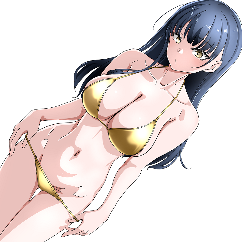 1girl bare_shoulders bikini black_hair boku_no_kokoro_no_yabai_yatsu breasts collarbone commentary cowboy_shot gold_bikini groin large_breasts long_hair looking_at_viewer mole mole_on_neck mole_on_thigh navel ruri_(ruri_) simple_background solo stomach swimsuit undressing white_background yamada_anna yellow_eyes