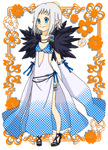 1girl black_sandals blue_eyes blush closed_mouth commentary_request detached_sleeves dress flat_chest floral_border frilled_thigh_strap full_body fur_collar grey_dress grey_hair grey_sleeves looking_at_viewer lowres meiko_(nattu303) pointy_ears polka_dot polka_dot_dress ragnarok_online sandals short_bangs side_slit sleeveless sleeveless_dress smile solo sorcerer_(ragnarok_online) standing thigh_strap white_background