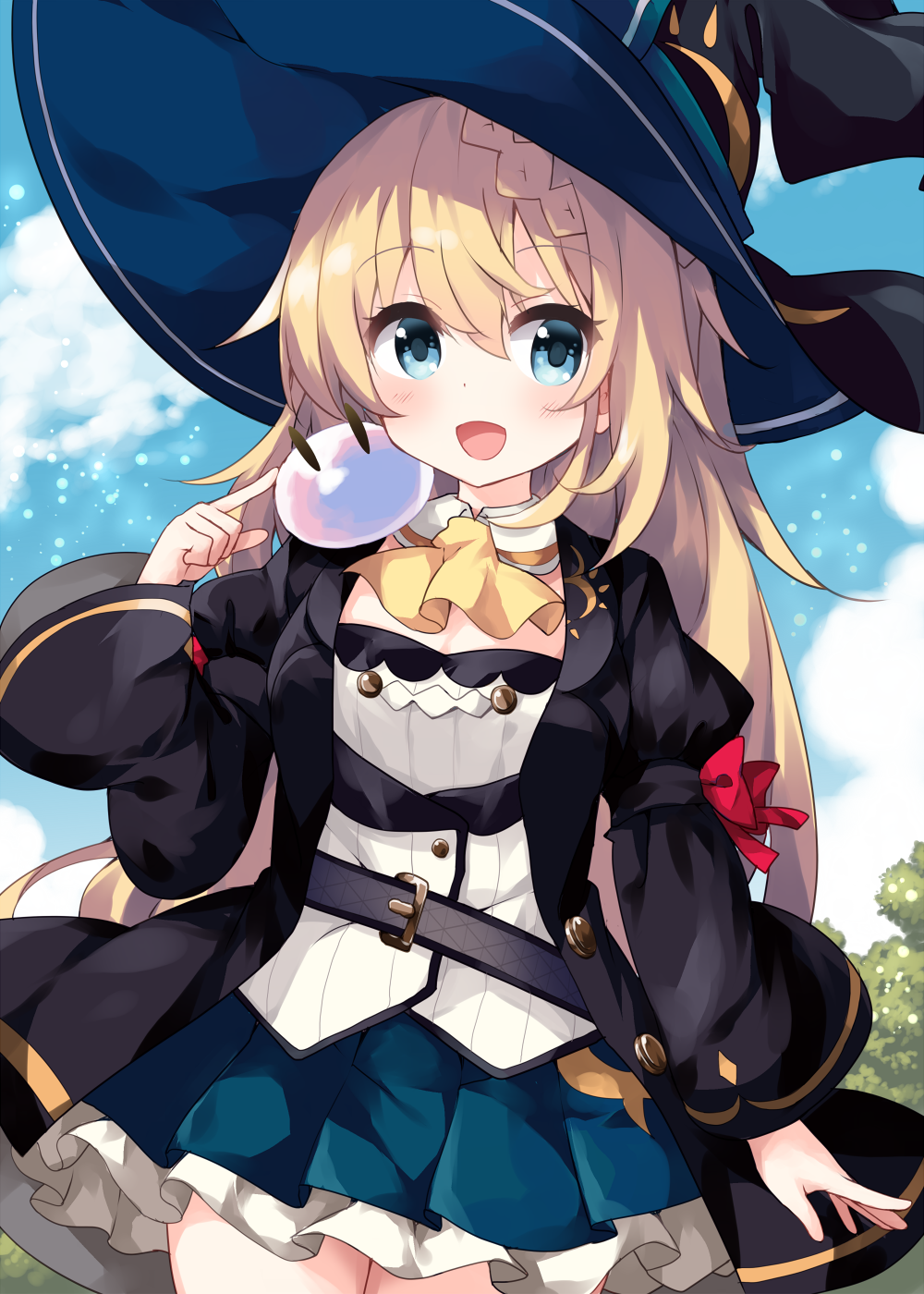 aizawa_azusa black_robe blonde_hair blue_eyes cropped_legs hat highres robe ruu_(tksymkw) skirt slime slime_taoshite_300_nen_shiranai_uchi_ni_level_max_ni_nattemashita smile tagme witch witch_hat