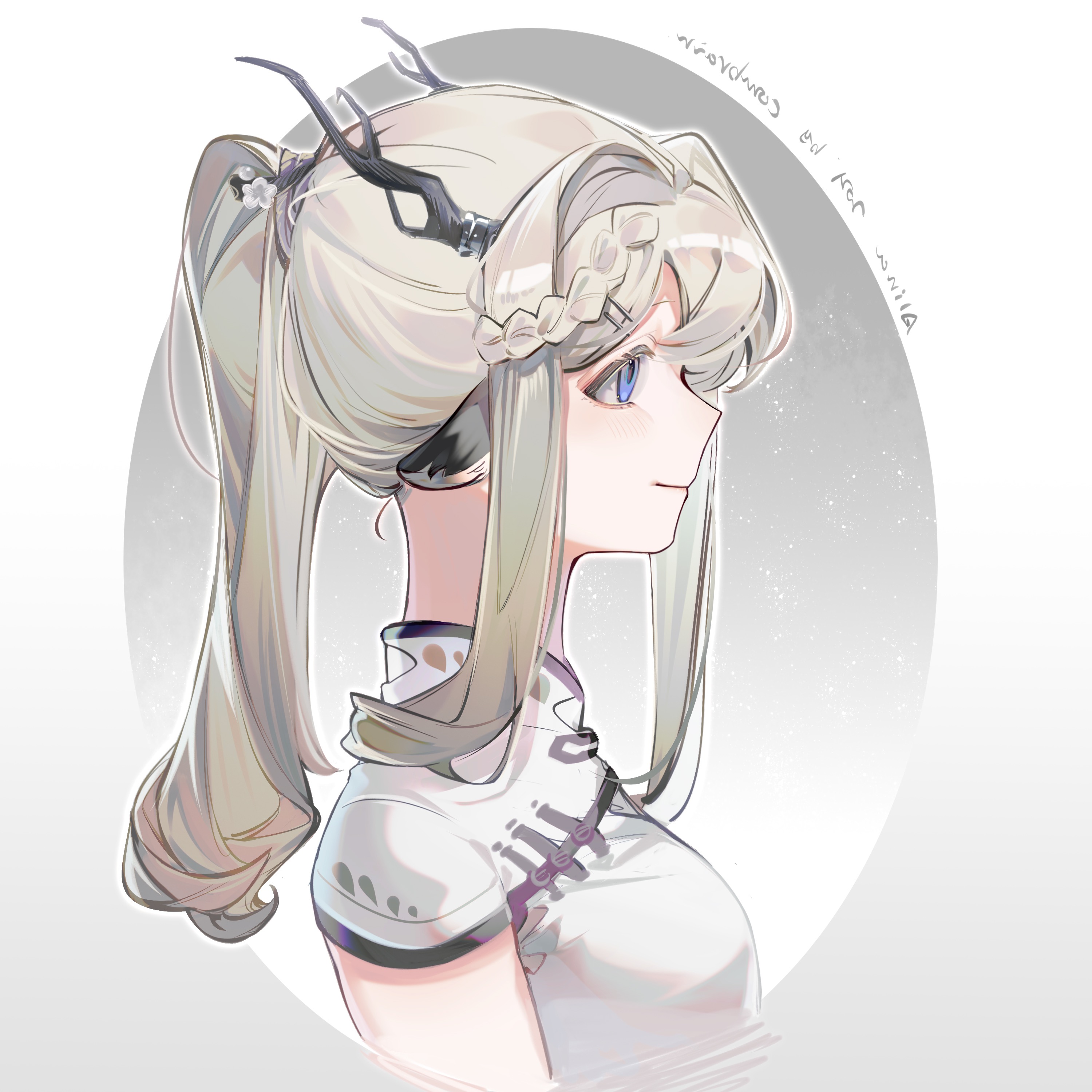 1girl absurdres alina_(arknights) alternate_costume animal_ears antler_ring antlers arknights blue_eyes china_dress chinese_clothes closed_mouth cropped_torso deer_antlers deer_ears deer_girl dress eyebrows_hidden_by_hair from_side gradient_background grey_background highres horns light_particles long_hair ponytail portrait profile short_sleeves sidelocks silver_hair smile solo white_dress zhongzhuangnao