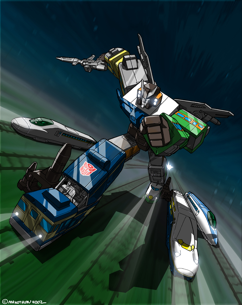 blue_eyes clenched_hand gun high-speed_train holding holding_gun holding_weapon makoto_ono mecha no_humans raiden_(transformers) railroad_tracks robot science_fiction shinkansen solo train transformers v-fin weapon