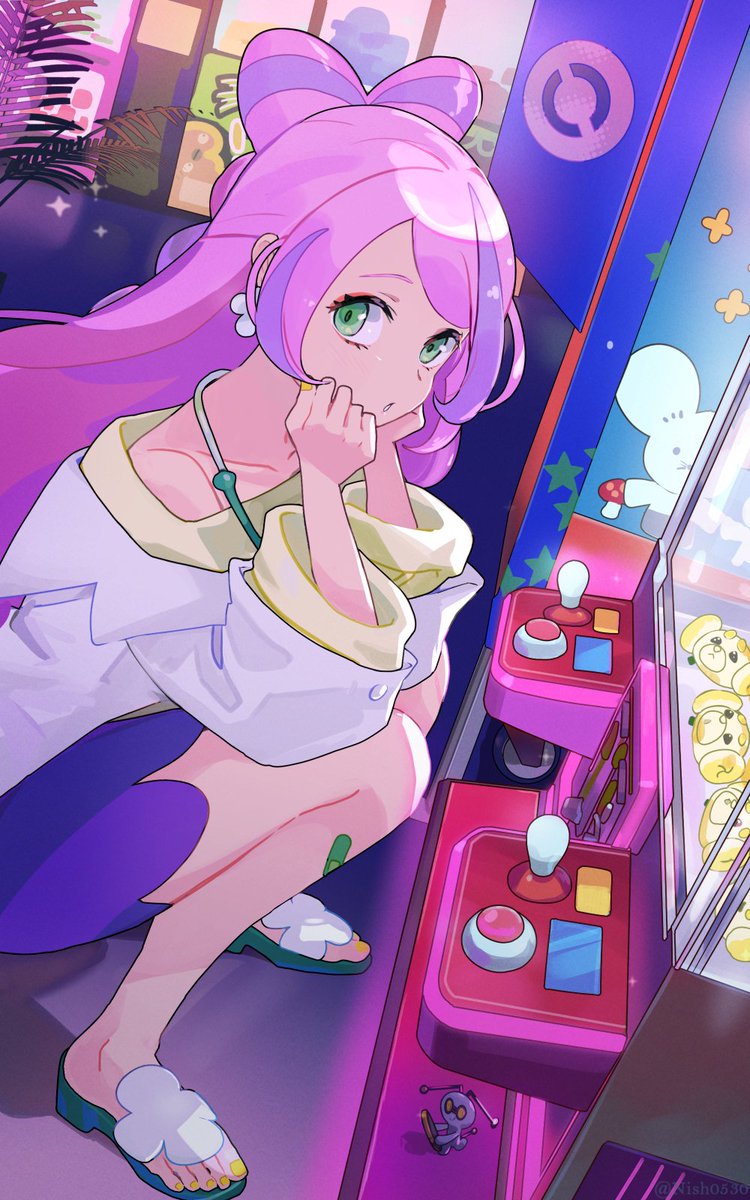 1girl arcade arcade_stick bandaid bandaid_on_leg bow-shaped_hair coat coin collarbone controller crane_game earrings fidough flower_earrings game_controller gen_5_pokemon gimmighoul gimmighoul_(roaming) green_eyes highres hsin jewelry joystick lab_coat long_hair long_sleeves miriam_(pokemon) multicolored_hair nail_polish nintendo off-shoulder_sweater off_shoulder open_clothes pink_hair pokemon pokemon_sv purple_hair sandals skirt solo stethoscope streaked_hair stuffed_toy stunfisk sweater swept_bangs tandemaus toenail_polish toenails toes white_coat yellow_nails yellow_sweater