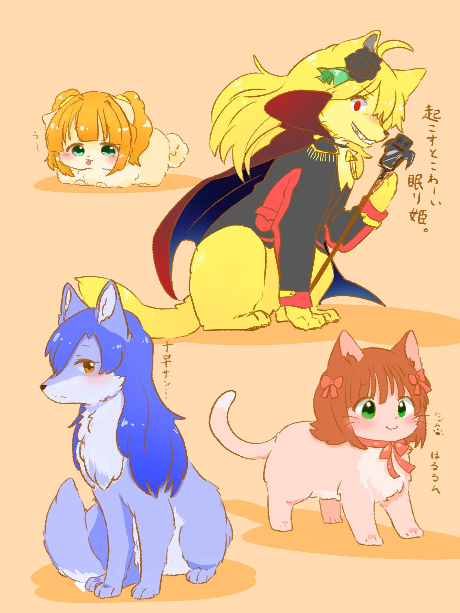 :p ahoge amami_haruka animal animal_focus animalization blonde_hair blue_hair blush bow brown_eyes brown_hair cat closed_mouth clothed_animal collared_cape commentary_request dog epaulettes evil_eyes evil_grin evil_smile flower green_eyes grin hair_bow hair_flower hair_ornament highres hoshii_miki hutaba idolmaster idolmaster_(classic) kisaragi_chihaya long_hair looking_at_viewer microphone_stand no_humans orange_hair pink_bow red_eyes short_hair simple_background sitting smile takatsuki_yayoi tongue tongue_out translation_request twintails