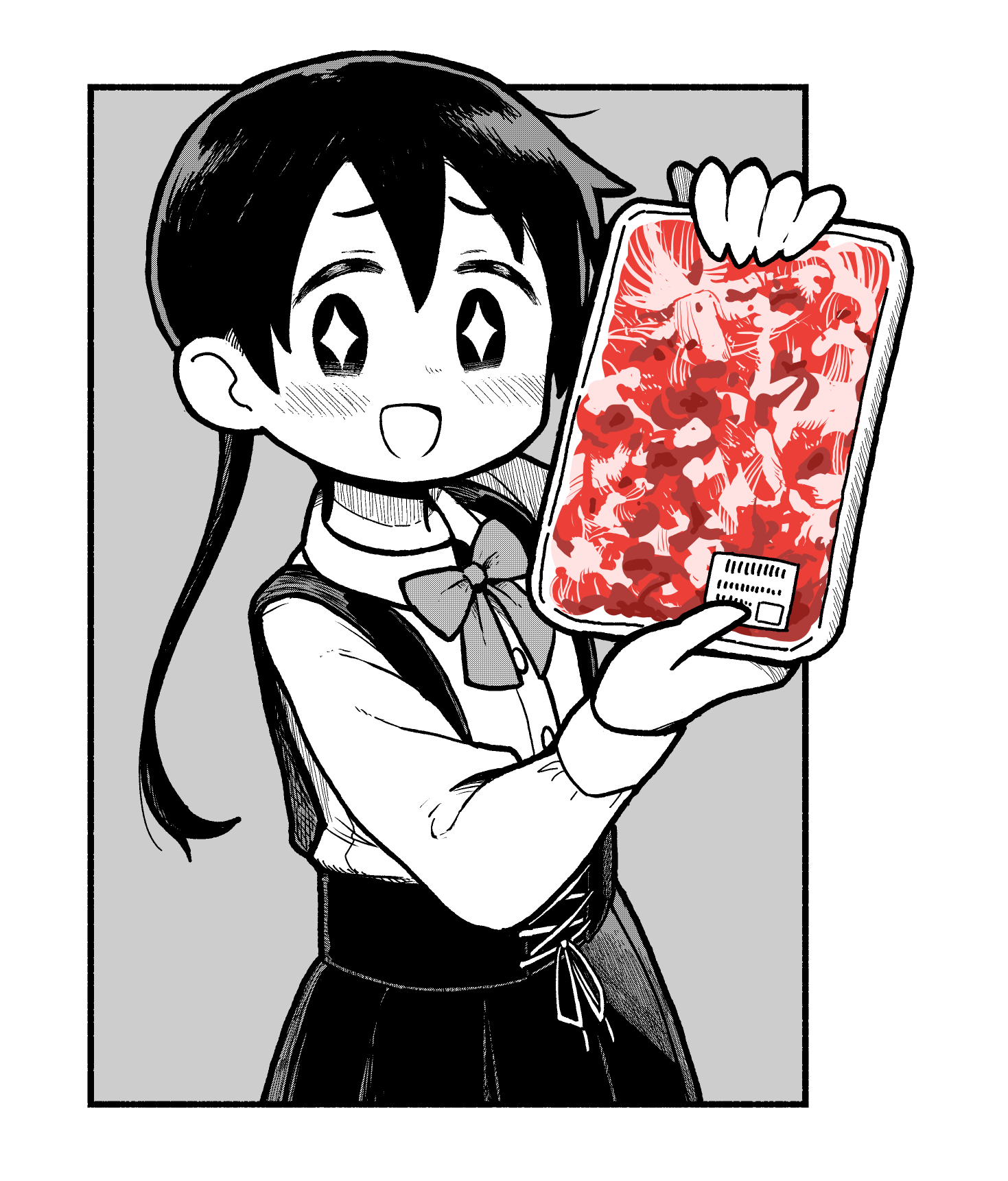 +_+ 1girl :d bow bowtie buttons collared_shirt commentary_request cross-laced_clothes cross-laced_skirt food food_packaging hands_up highres holding long_hair long_sleeves looking_at_viewer meat monochrome open_mouth original outside_border pleated_skirt raw_meat shirt skirt smile solo spot_color suspender_skirt suspenders takurada