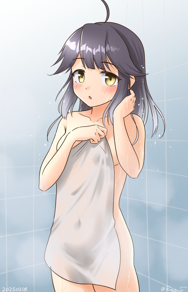 1girl ahoge back black_hair breasts commentary cowboy_shot hair_down hayanami_(kancolle) kantai_collection looking_at_viewer medium_breasts naked_towel one-hour_drawing_challenge ray.s small_breasts solo steam tile_wall tiles towel yellow_eyes