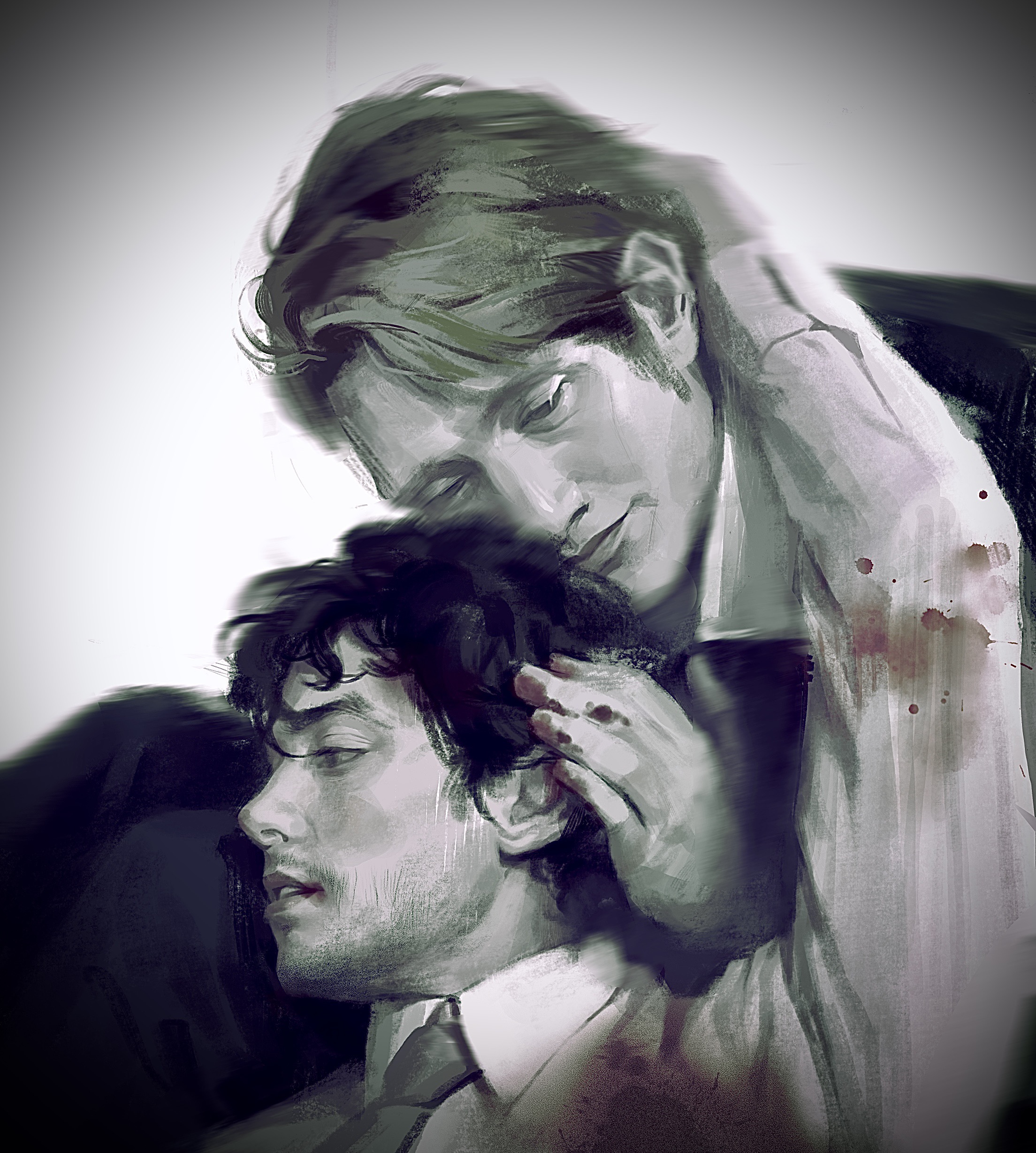 2boys absurdres arm_around_neck beard_stubble blood blood_on_clothes blood_on_hands chin_rest closed_mouth collared_shirt expressionless facial_hair formal_clothes greyscale hannibal_(tv_series) hannibal_lecter head_on_head head_rest highres knees_up lap_pillow light_smile lips long_sleeves male_focus messy_hair monochrome multiple_boys mustache_stubble necktie pants parted_lips realistic shirt short_hair simple_background sitting stubble suit thick_eyebrows upper_body vignetting wengonger white_background will_graham yaoi