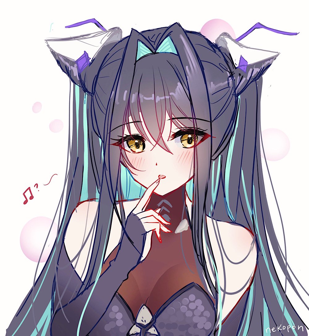 1girl artist_name bare_shoulders black_hair blush bodysuit breasts detached_sleeves gloves goddess_of_victory:_nikke hair_between_eyes hair_intakes hair_ornament halterneck hand_to_own_mouth little_mermaid_(nikke) long_hair multicolored_hair musical_note nekoponart old_tales_(nikke) open_mouth little_mermaid_(nikke) small_breasts streaked_hair twintails very_long_hair yellow_eyes