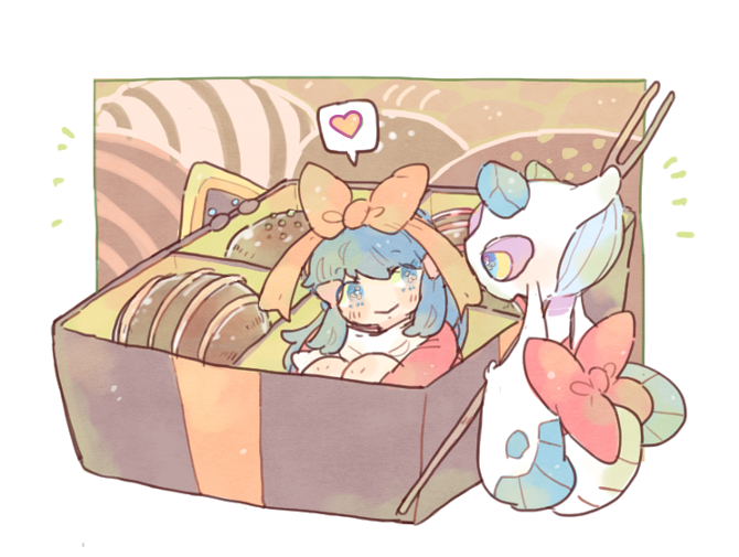 1girl blue_eyes blue_hair bow box box_of_chocolates chocolate closed_mouth dawn_(pokemon) froslass gen_3_pokemon gen_4_pokemon hair_bow hair_ornament heart in_box in_container katiko long_hair nintendo no_nose orange_bow pokemon pokemon_(creature) pokemon_dppt pokemon_platinum scarf smile snorunt speech_bubble spoken_heart white_scarf