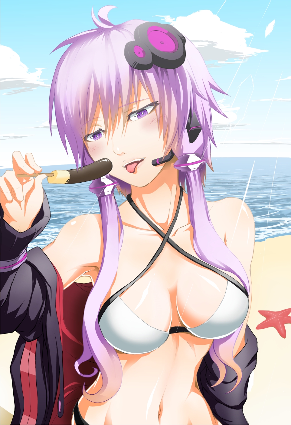 1girl :d :p ahoge animal animal_hood armpits bad_id bad_pixiv_id bare_shoulders beach bikini blue_sky bracelet breasts chocolate chocolate-covered_food chocolate_banana cleavage cloud collarbone criss-cross_halter day eyebrows female_focus food gradient_hair hair_ornament hairpin halterneck headset highres holding holding_food hood hoodie horizon iroia jewelry light_rays long_hair long_sleeves low_twintails medium_breasts multicolored_hair navel ocean off_shoulder open_clothes open_hoodie open_mouth outdoors parted_lips purple_eyes purple_hair rabbit_hood sand shiny_skin short_hair_with_long_locks sky smile solo starfish stomach sunlight swimsuit teeth tongue tongue_out tsurime twintails upper_body vocaloid voiceroid water white_bikini yuzuki_yukari