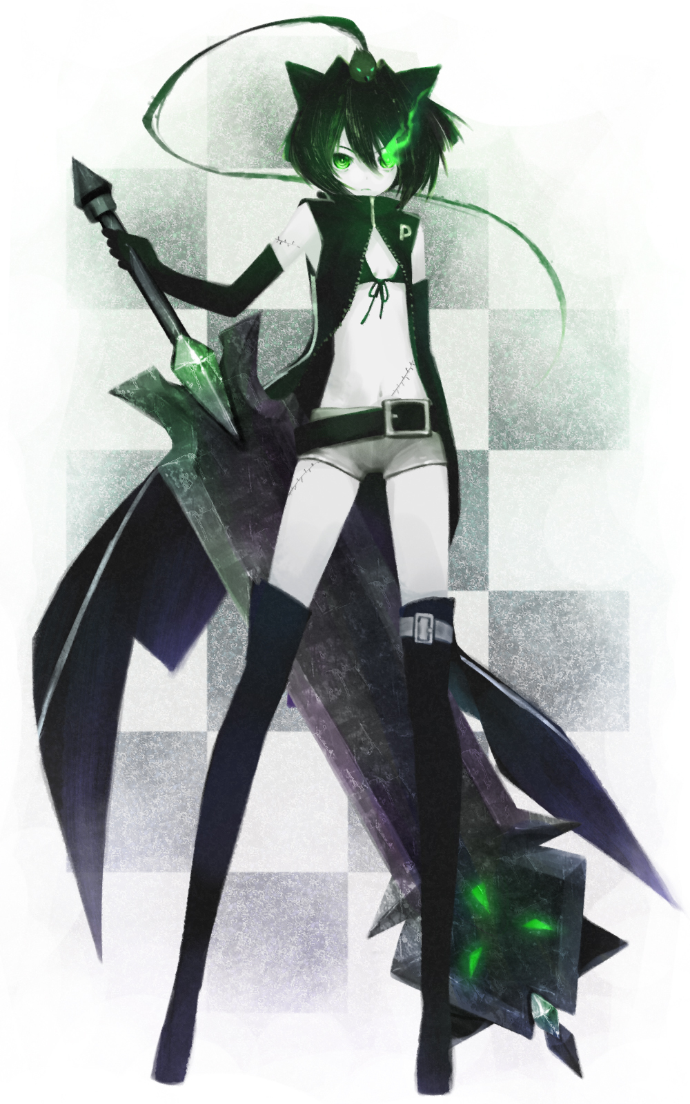 1girl animal_ears bad_id bad_pixiv_id belt bikini bikini_top_only black_hair black_rock_shooter coat crossover female_focus flat_chest front-tie_top glowing glowing_eyes green_eyes highres honihoni honihoninosu huge_weapon midriff navel pale_skin parody potemayo potemayo_(character) scar short_hair short_shorts shorts solo swimsuit sword thigh_strap thighhighs voice_actor_connection weapon