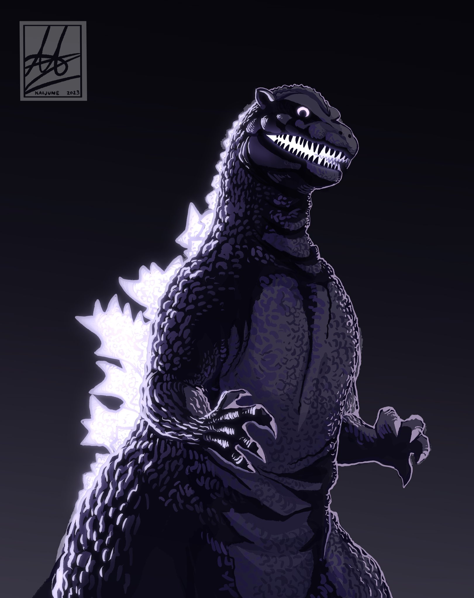 alex_alcanter black_background claws dinosaur giant giant_monster glowing glowing_spikes godzilla godzilla_(1954) godzilla_(series) grey_background highres kaiju monochrome monster no_humans open_mouth pointy_ears sea_monster sharp_teeth simple_background spikes teeth toho two-tone_background