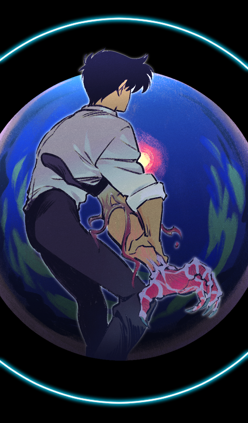 1boy black_hair carota327 claws earth_(planet) from_behind highres jigoku_sensei_nube male_focus necktie nueno_meisuke planet red_eyes solo