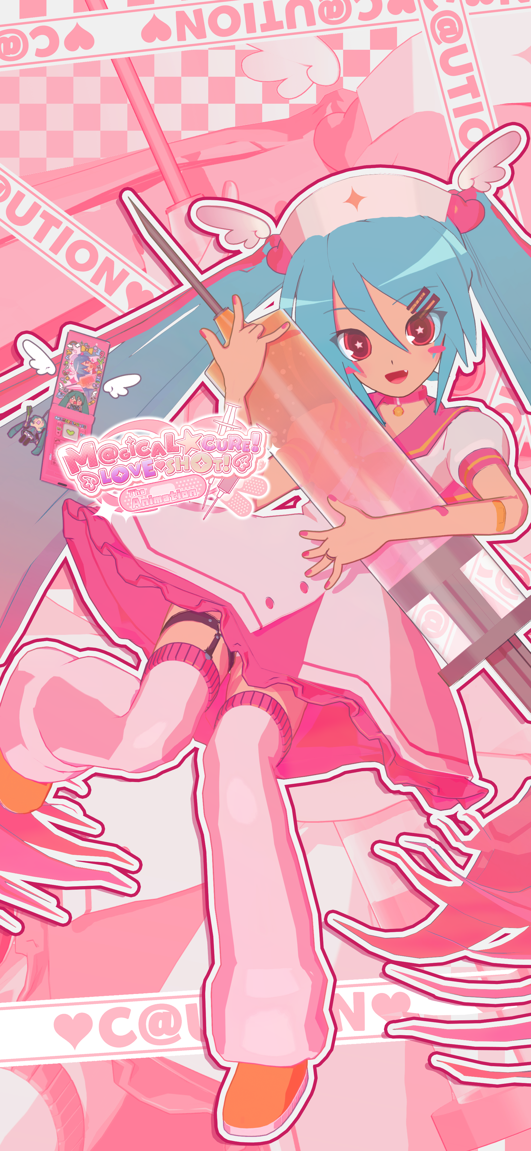 2girls absurdres bad_source bandaid bandaid_on_arm bandaid_on_face blue_hair bow bowtie brown_eyes cowboy_shot dress fang food hachune_miku hair_between_eyes hair_ornament hat hatsune_miku heart heart_hair_ornament highres holding holding_food holding_spring_onion holding_syringe holding_vegetable kio_(majin_kz) large_syringe long_hair looking_at_viewer m@gical_cure!_love_shot!_(vocaloid) multiple_girls nurse nurse_cap one_eye_closed open_mouth oversized_object phone puffy_short_sleeves puffy_sleeves short_sleeves simple_background skin_fang smile solo_focus song_name sparkling_eyes spring_onion standing syringe thighhighs vegetable vocaloid white_background white_dress wings yellow_bow yellow_bowtie