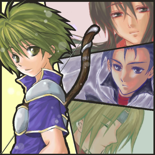 2000s_(style) apuru_(aple) black_hair bow_(weapon) character_request closed_mouth commentary_request fire_emblem fire_emblem:_genealogy_of_the_holy_war fire_emblem:_mystery_of_the_emblem fire_emblem:_the_binding_blade green_eyes green_hair jeorge_(fire_emblem) lester_(fire_emblem) long_hair looking_at_viewer lowres male_focus nintendo purple_eyes purple_shirt shirt short_hair smile solo_focus upper_body weapon wolt_(fire_emblem)