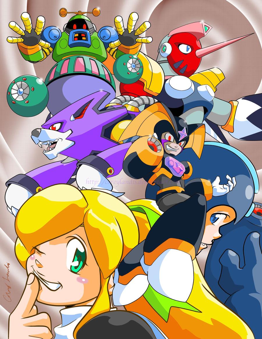 arm_cannon astro_man bass_(mega_man) blonde_hair green_eyes grin helmet looking_at_viewer mask mega_man_&amp;_bass mega_man_(character) mega_man_(classic) mega_man_(series) mega_man_8 no_humans non-humanoid_robot ponytail red_eyes robot robot_ears roll_(mega_man) smile tengu_man tengu_mask treble_(mega_man) weapon