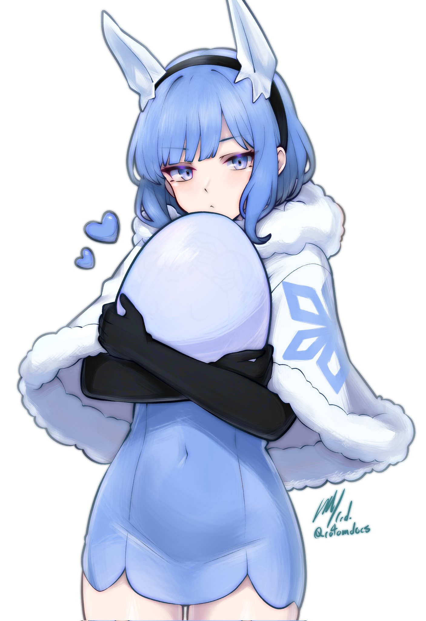 1girl artist_name black_gloves black_hairband blue_dress blue_eyes blue_hair cloak commentary covered_navel dress egg elbow_gloves english_commentary fire_emblem fire_emblem_heroes fur-trimmed_cloak fur_trim gloves hairband heart highres holding holding_egg ice_horns looking_at_viewer nifl_(fire_emblem) nintendo rotomdocs short_dress short_hair signature simple_background snowflake_print solo white_background white_cloak