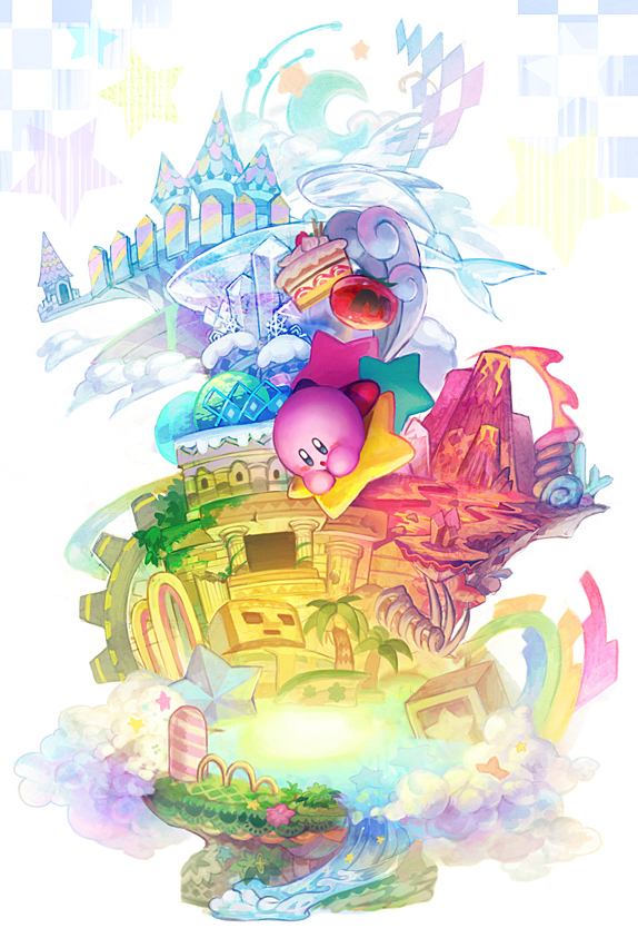 aruk blush_stickers cake castle food full_body kirby kirby&#039;s_dream_land kirby_(series) nintendo no_humans open_mouth pillar rainbow skeleton snowflakes solo star_(symbol) warp_star waves whale white_background