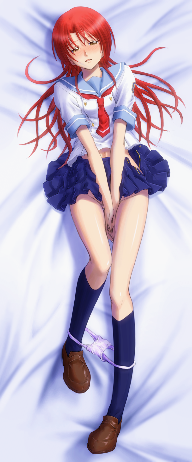 1girl bed_sheet between_legs blue_sailor_collar blue_skirt blue_socks bonnie_(rsg) brown_shoes covering_crotch covering_privates from_above full_body half-closed_eyes hand_between_legs highres hino_kahoko la_corda_d&#039;oro loafers long_hair looking_at_viewer lying midriff miniskirt navel neckerchief on_back panties panties_around_leg pleated_skirt purple_panties red_hair red_neckerchief sailor_collar sailor_shirt school_uniform serafuku shirt shoes short_sleeves skirt socks solo stomach straight_hair underwear white_shirt