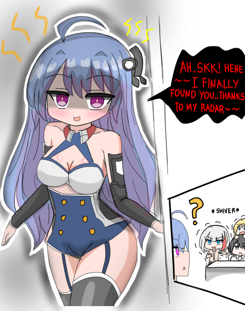 1boy 2girls admiral_graf_spee_(azur_lane) azur_lane bare_shoulders black_hair blue_dress blue_eyes blue_hair blush bogue_(azur_lane) boots breasts buttons cleavage clothing_cutout commander_(azur_lane) curly_hair detached_sleeves double-breasted dress english_text evil_smile garter_straps hair_between_eyes headgear helena_(azur_lane) hip_focus medium_breasts multicolored_hair multiple_girls purple_eyes red_hair reign_(user_pgfa7472) shaded_face short_dress smile solo_focus stalking streaked_hair thigh_boots thigh_gap thighs underboob_cutout white_hair yandere