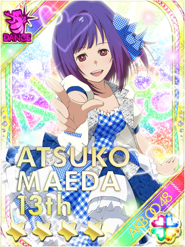 1girl :d akb0048 blue_dress bow brown_eyes card_(medium) character_name copyright_name cowboy_shot dress frilled_dress frills gingham_bow gingham_dress hair_bow heart idol_clothes jacket looking_at_viewer maeda_atsuko_(akb0048) non-circular_lens_flare non-web_source official_art one_side_up open_mouth outstretched_arms pointing pointing_at_viewer purple_hair reaching reaching_towards_viewer short_hair short_sleeves smile solo sparkle standing star_(symbol) strapless strapless_dress teeth upper_teeth_only white_jacket
