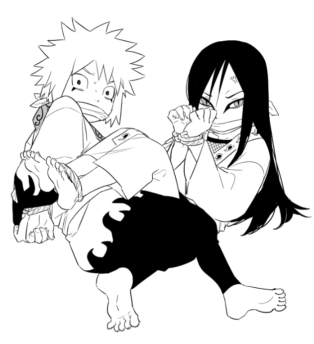 aged_down anger_vein angry barefoot black_hair eyeliner facial_mark feet_together gagged japanese_clothes jiraiya_(naruto) kimono kutuyatti looking_at_viewer makeup monochrome multiple_boys narrowed_eyes naruto_(series) on_person orochimaru_(naruto) own_hands_together rope_gag slit_pupils spiked_hair tied_up_(nonsexual) wide-eyed