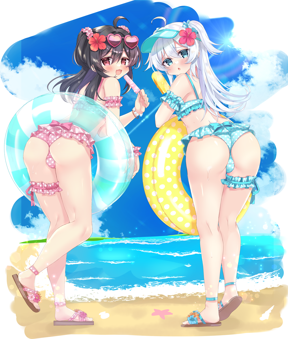 2boys :3 :o ahoge aqua_eyes ass bare_shoulders beach bikini black_hair blue_bikini blue_sky blush bulge cloud crossdressing crossdressing_(mtf) eating flower food frilled_bikini frills from_behind hair_flower hair_ornament heart heart-shaped_eyewear hibiscus holding holding_swim_ring innertube long_hair looking_at_viewer multiple_boys open_mouth original polka_dot polka_dot_bikini popsicle red_bikini red_eyes sandals shiromaru_(shiromaru_tm) sidelocks sky smile starfish sunglasses swim_ring swimsuit thigh_scrunchie trap twintails visor_cap water white_hair