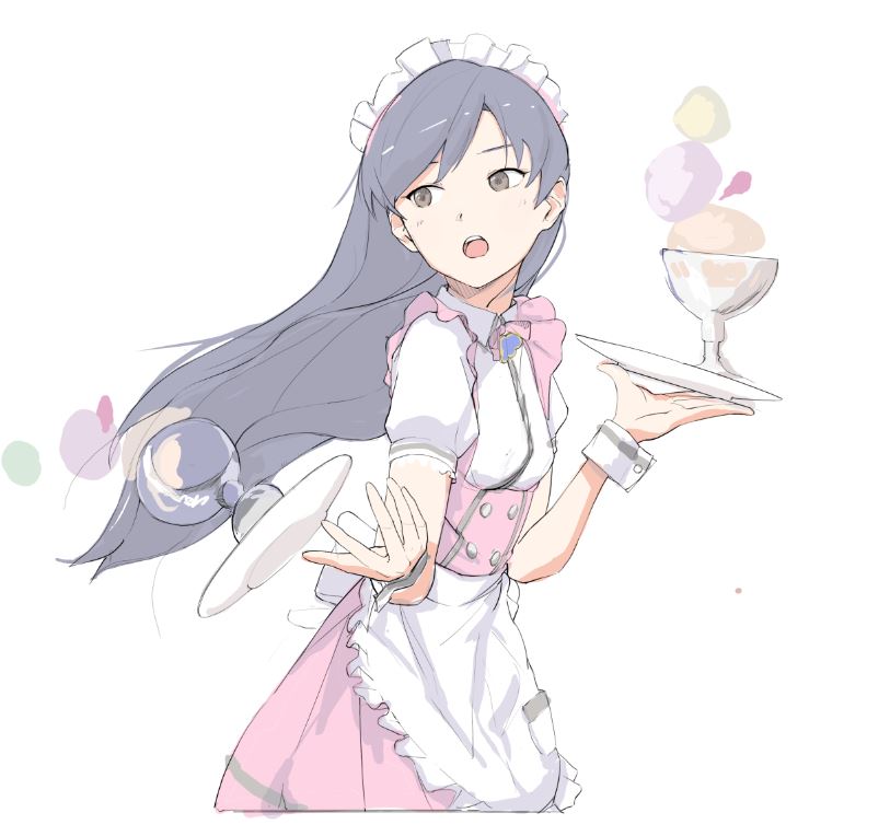 1girl apron blue_hair brown_eyes ch2haya_p cowboy_shot cropped_legs dress dropping floating_hair food frilled_dress frills from_side ice_cream idolmaster idolmaster_(classic) idolmaster_million_live! idolmaster_million_live!_theater_days kisaragi_chihaya long_hair maid maid_apron maid_headdress open_mouth pink_dress plate pretty_waitress_(idolmaster) short_sleeves simple_background solo teeth upper_teeth_only white_background