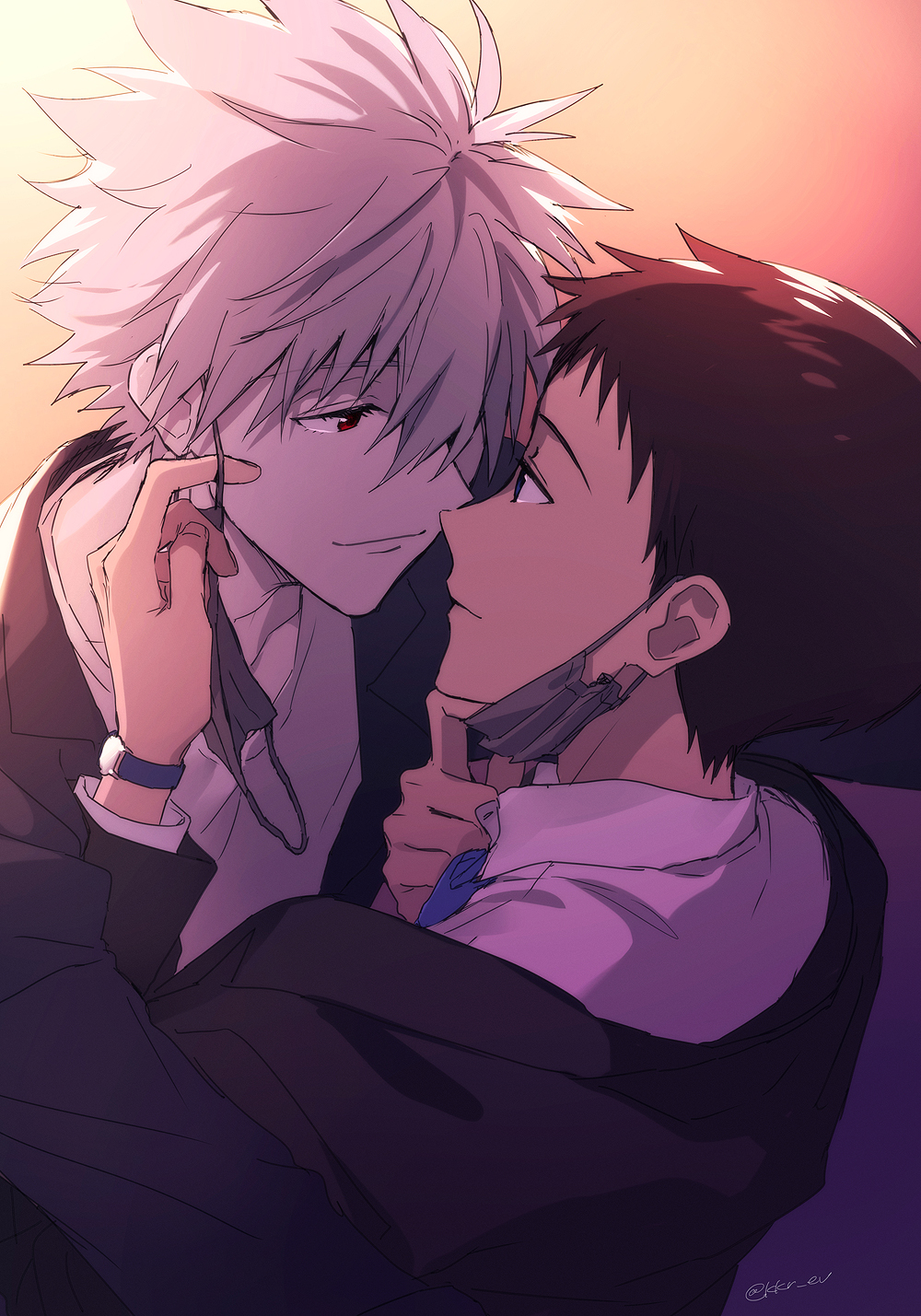 11kkr 2boys blue_eyes brown_hair couple formal_clothes highres ikari_shinji looking_at_another male_focus mask mouth_mask multiple_boys nagisa_kaworu necktie neon_genesis_evangelion red_eyes shirt suit white_hair white_shirt yaoi