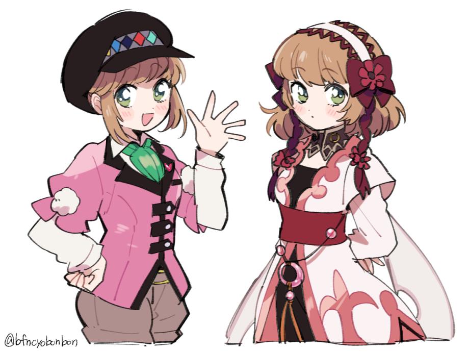 1girl :d alternate_color arms_behind_back artist_name ascot black_choker black_hat brown_hair brown_shorts choker clenched_hand closed_mouth cowboy_shot cropped_legs dot_mouth dot_nose dress green_ascot green_eyes hairband hand_on_own_hip hand_up hat hayashi_(kanzume) jacket layered_clothes layered_sleeves leia_rolando long_sleeves looking_at_viewer medium_hair multiple_views official_alternate_color open_mouth pink_jacket red_sash sash short_hair short_over_long_sleeves short_sleeves shorts sidelocks signature smile swept_bangs tales_of_(series) tales_of_xillia tales_of_xillia_2 twitter_username waving white_dress wing_collar