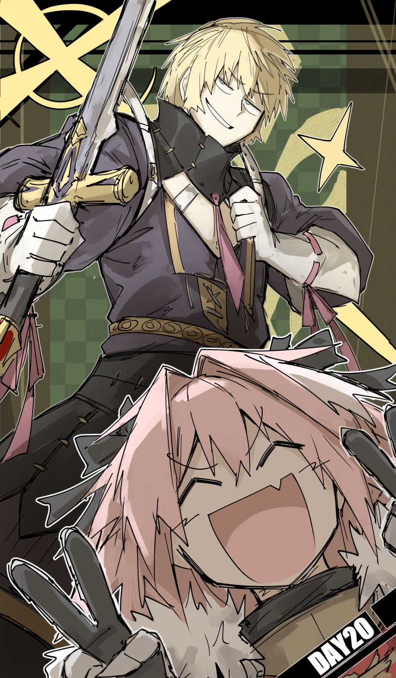 2boys ;d astolfo_(fate) black_ribbon blonde_hair cape checkered_background double_v durandal_(fate) fate/grand_order fate_(series) fur-trimmed_cape fur_trim gloves grin hair_between_eyes hair_ribbon highres holding holding_sword holding_weapon juliet_sleeves kankan33333 long_sleeves multiple_boys necktie one_eye_closed open_mouth outline pink_hair pink_necktie pink_ribbon puffy_sleeves ribbon roland_(fate) shoulder_belt sleeve_ribbon smile sword v weapon white_gloves white_outline