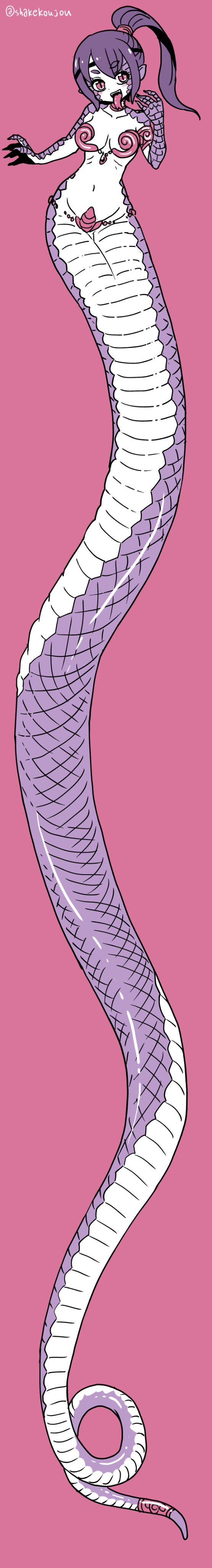 1girl absurdres armlet blush breasts collarbone dot_nose fangs forked_tongue hairband headband highres jewelry lamia long_image long_tongue medium_breasts medium_hair monster_girl neck_ring original pointy_ears ponytail purple_hair red_eyes scales shake-o slit_pupils solo tall_image tongue tongue_out twitter_username