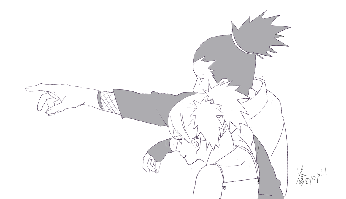 1boy 1girl black_gloves black_hair boruto:_naruto_next_generations closed_mouth fingerless_gloves gloves greyscale husband_and_wife monochrome nara_shikamaru naruto_(series) simple_background temari_(naruto) white_background zifletts