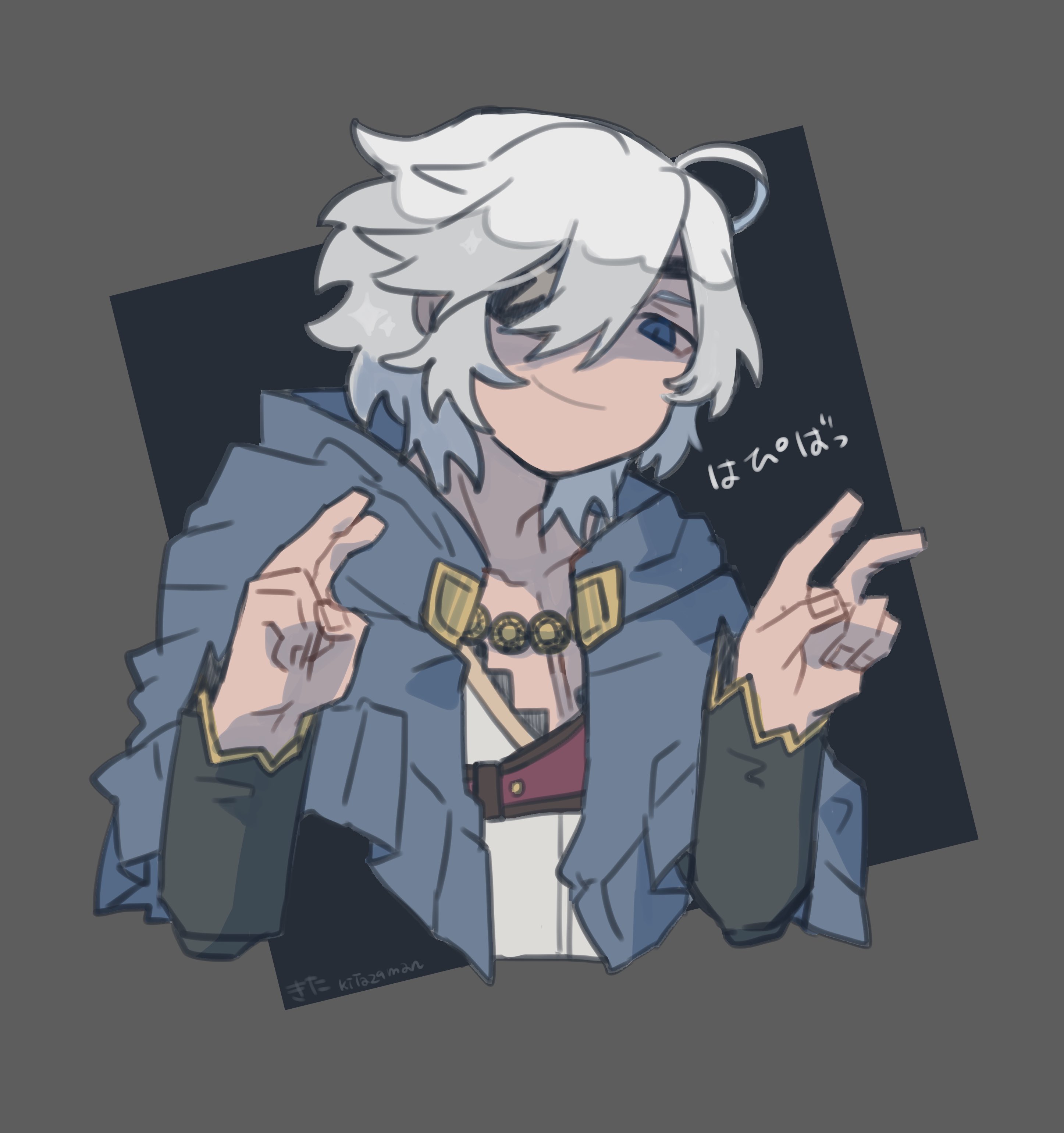 1boy absurdres ahoge blue_hood closed_mouth eyepatch fire_emblem fire_emblem_fates highres hood hood_down kita_senju niles_(fire_emblem) nintendo smile v white_hair