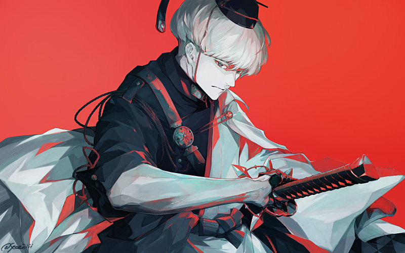 1boy closed_mouth drawing_sword fate/grand_order fate_(series) fighting_stance grey_eyes grey_hair holding holding_sword holding_weapon japanese_clothes looking_at_viewer male_focus red_background sei_8220 short_hair signature solo sword upper_body watanabe_no_tsuna_(fate) weapon